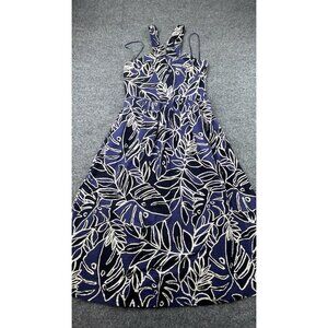 Mango Blue White Leaf Print Midi Dress Pockets Lined Fit Flare USA 8
